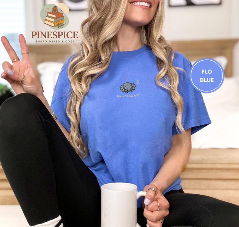 Am I Scawwy T-Shirt, Cute Spider Embroidered Tee, Comfort Colors Funny Wholesome Halloween Shirt Flo Blue