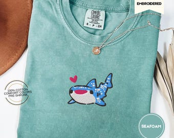 Embroidered Whale Shark Comfort Colors® Tee, Cute Ocean Animal Shirt, Summer Beach Outfit, Tropical Marine Life Gift for Ocean Lovers
