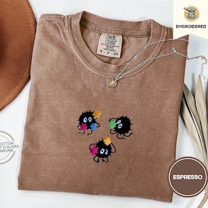 Soot Sprites Cozy Embroidered Comfort Colors® T-Shirt – Studio Inspired Cottagecore Tee, Cute Anime Aesthetic Shirt, Cozy Autumn Whimsy Gift
