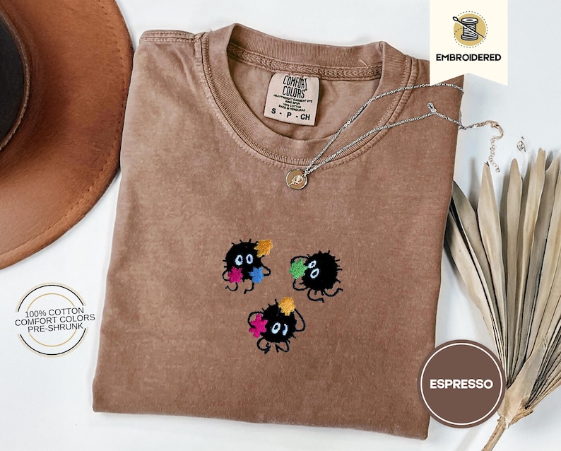 Soot Sprites Cozy Embroidered Comfort Colors® T-Shirt – Studio Inspired Cottagecore Tee, Cute Anime Aesthetic Shirt, Cozy Autumn Whimsy Gift