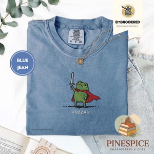Huzzah Frog with Sword Tee, Embroidered Medieval Frog Shirt, Comfort Colors 1717, Funny DnD T-Shirt, Renaissance Faire Frog Gift