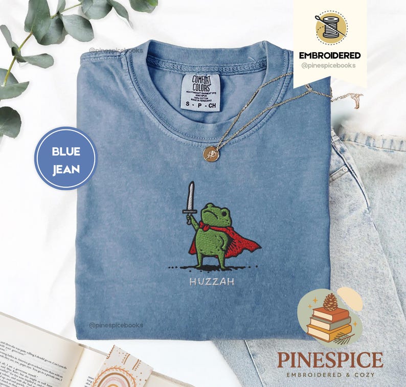 Huzzah Frog with Sword Tee, Embroidered Medieval Frog Shirt, Comfort Colors 1717, Funny DnD T-Shirt, Renaissance Faire Frog Gift