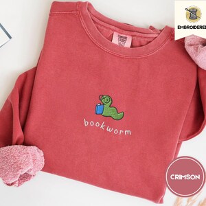 embroidered bookworm comfort colors sweatshirt, cozy fall sweater for book lovers, readers gift
