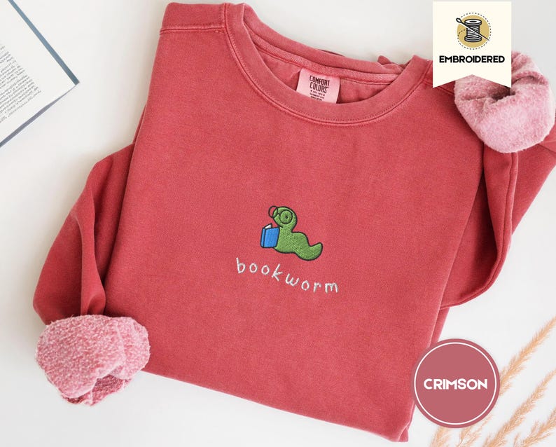 embroidered bookworm comfort colors sweatshirt, cozy fall sweater for book lovers, readers gift