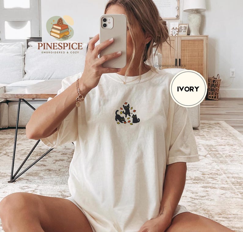 Black Cats and Fall Leaves Tee, Embroidered Autumn Cat Shirt, Comfort Colors 1717, Cute Fall T-Shirt, Cozy Cat Lover Gift, Autumn Aesthetic
