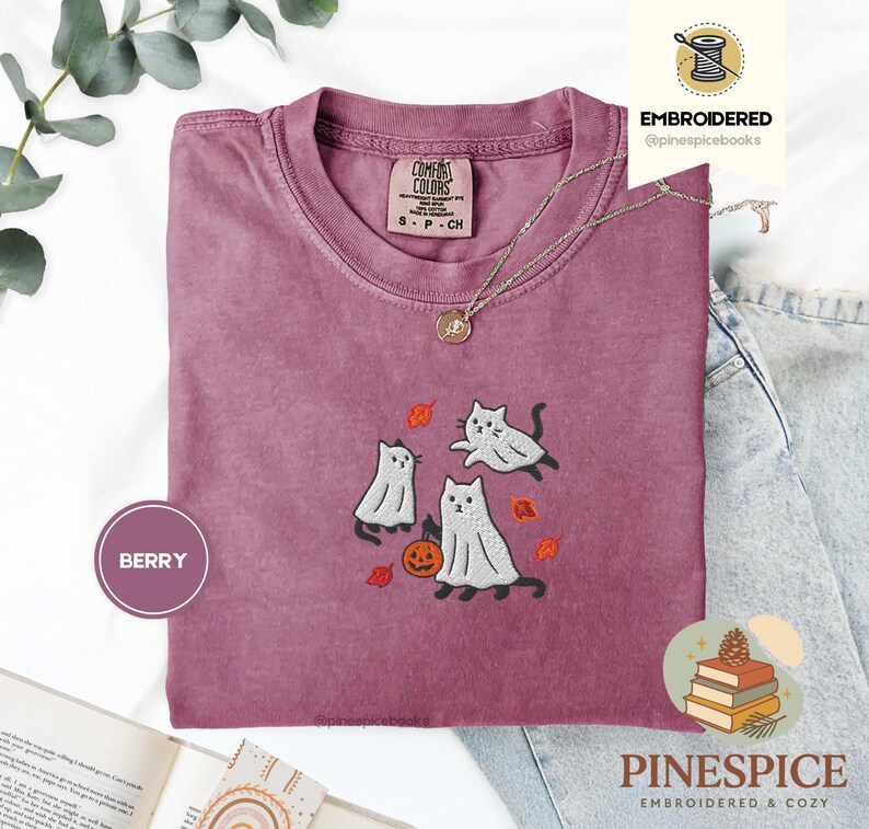 Ghost Cats Fall Shirt, Embroidered Halloween Tee, Cute Autumn Cat T-Shirt, Comfort Colors 1717, Spooky Fall Leaves Shirt, Cozy Cat Gift