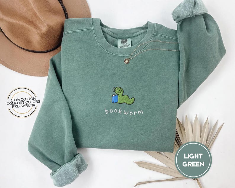 embroidered bookworm comfort colors sweatshirt, cozy fall sweater for book lovers, readers gift