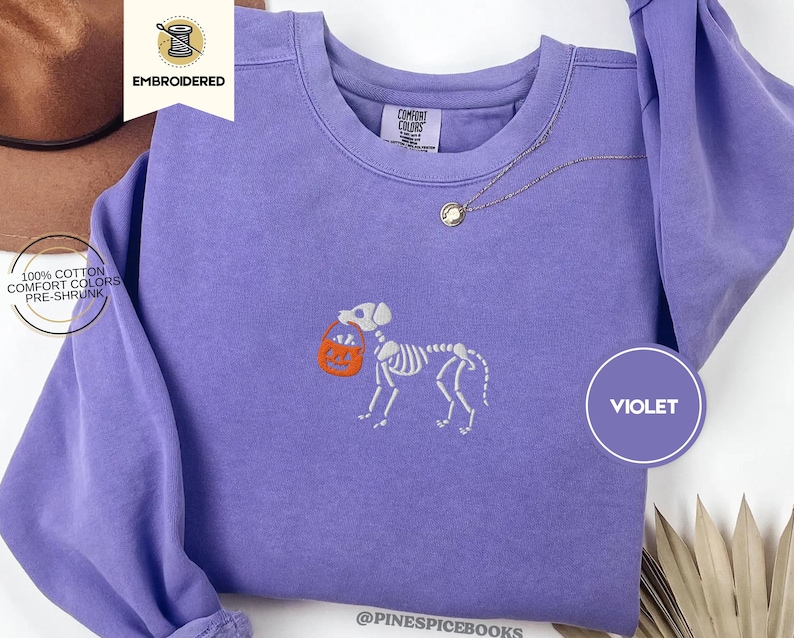 Skeleton Dog Trick or Treat Sweatshirt, Embroidered Halloween Dog Shirt, Comfort Colors 1566, Cozy Fall Pullover, Spooky Pet Lover Gift, Boo