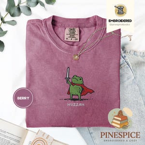 Huzzah Frog with Sword Tee, Embroidered Medieval Frog Shirt, Comfort Colors 1717, Funny DnD T-Shirt, Renaissance Faire Frog Gift