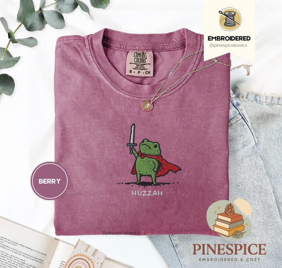 Huzzah Frog with Sword Tee, Embroidered Medieval Frog Shirt, Comfort Colors 1717, Funny DnD T-Shirt, Renaissance Faire Frog Gift