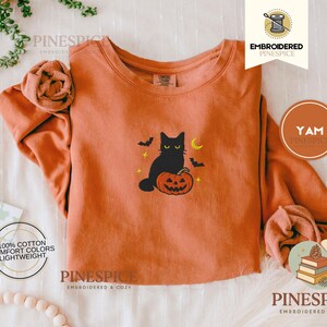 Black Cat Pumpkin Embroidered Comfort Colors Sweatshirt, Halloween Cat Fall Cozy Sweatshirt