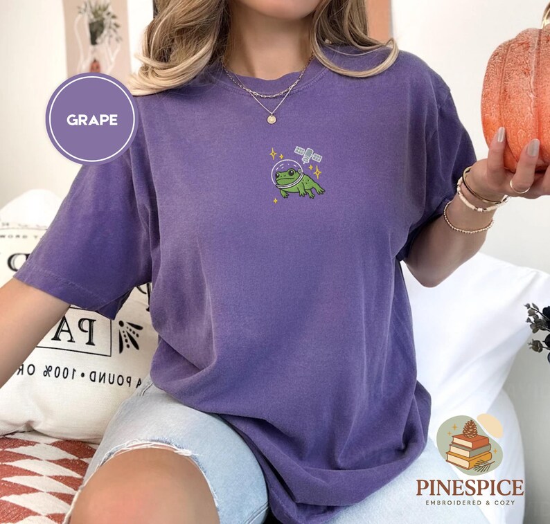 Space Frog Shirt, Embroidered Frog and Satellite Tee, Cute Space T-Shirt, Comfort Colors 1717, Cosmic Frog Gift, Whimsical Frog Tee