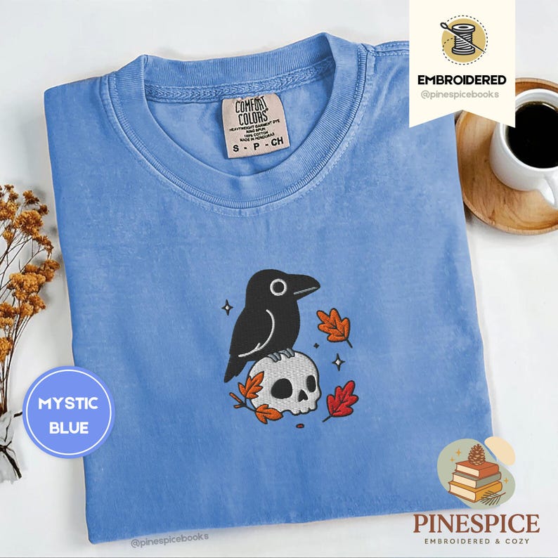 Crow and Skull Tee, Embroidered Raven T-Shirt, Halloween Comfort Colors 1717, Spooky Fall Shirt, Gothic Bird Tee, Boo Basket Gift