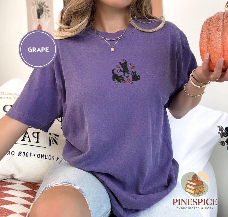 Black Cats and Fall Leaves Tee, Embroidered Autumn Cat Shirt, Comfort Colors 1717, Cute Fall T-Shirt, Cozy Cat Lover Gift, Autumn Aesthetic
