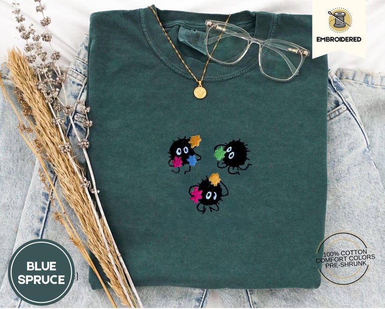 Soot Sprites Cozy Embroidered Comfort Colors® T-Shirt – Studio Inspired Cottagecore Tee, Cute Anime Aesthetic Shirt, Cozy Autumn Whimsy Gift