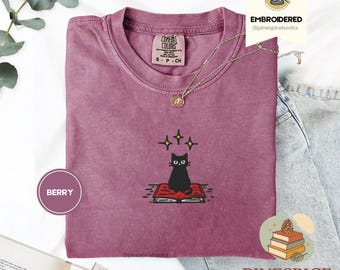 Black Cat on Book T-Shirt, Embroidered Comfort Colors 1717, Cute Bookish Tee, Cat Lover Gift, Cozy Reader Shirt, Halloween Fall Top