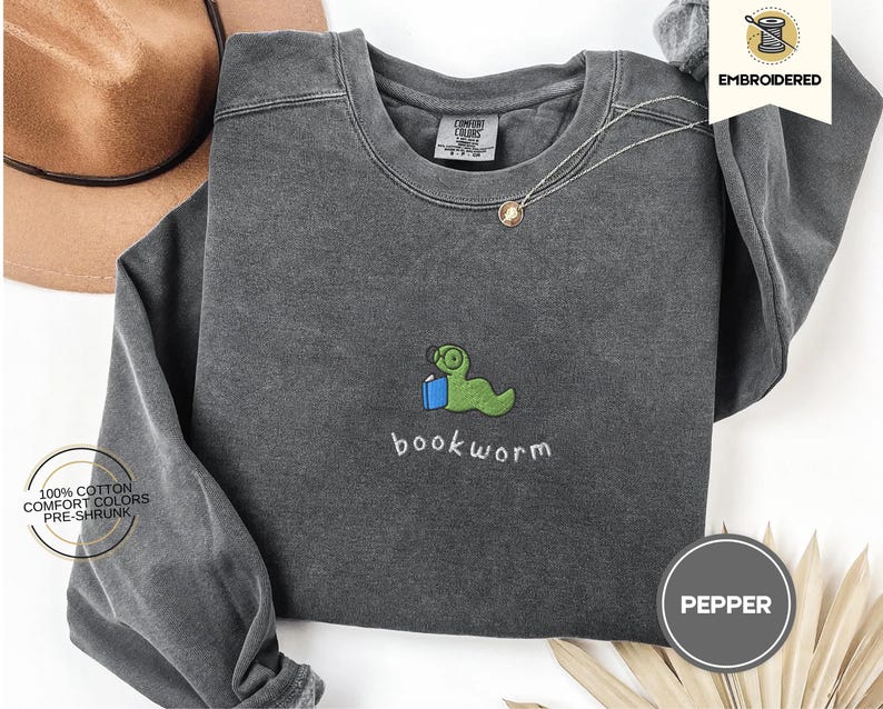 embroidered bookworm comfort colors sweatshirt, cozy fall sweater for book lovers, readers gift