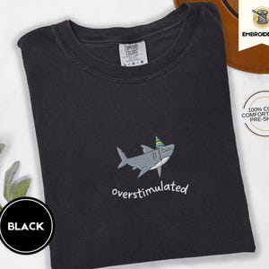 Overstimulated Party Hat Shark Embroidered Comfort Colors® Tee – Funny Weirdcore Summer Shirt, Neurodivergent Shark Shirt, Ocean Vibes Tee
