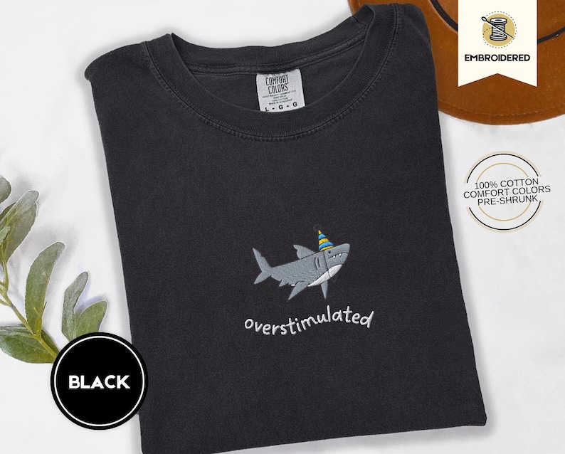 Overstimulated Party Hat Shark Embroidered Comfort Colors® Tee – Funny Weirdcore Summer Shirt, Neurodivergent Shark Shirt, Ocean Vibes Tee