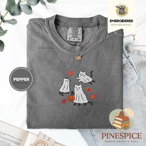 Ghost Cats Fall Shirt, Embroidered Halloween Tee, Cute Autumn Cat T-Shirt, Comfort Colors 1717, Spooky Fall Leaves Shirt, Cozy Cat Gift