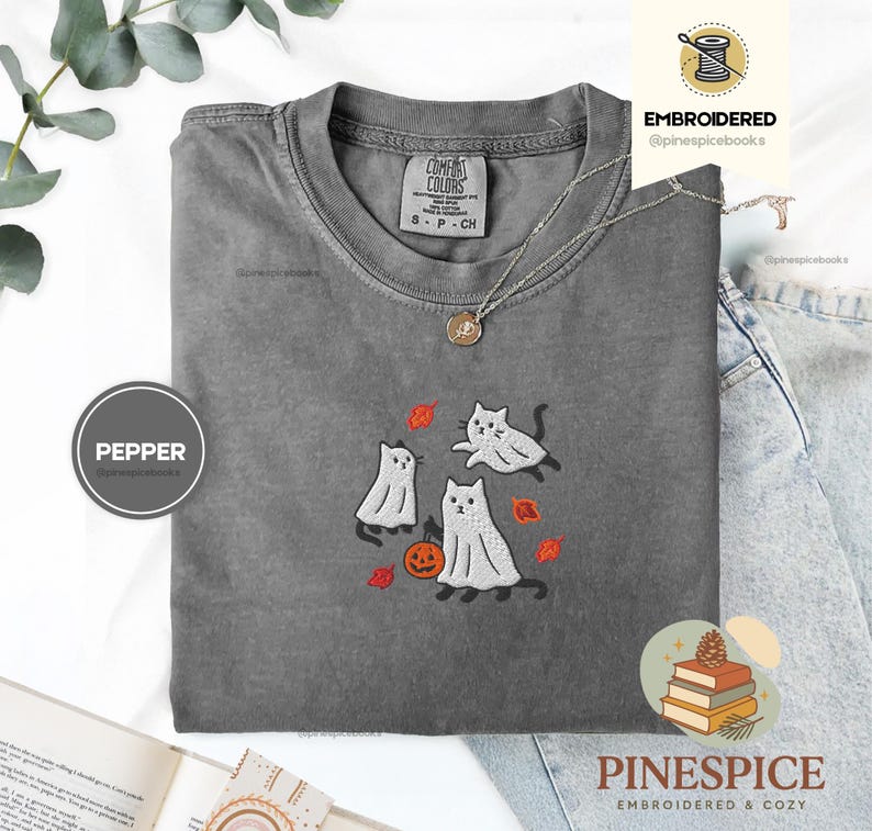 Ghost Cats Fall Shirt, Embroidered Halloween Tee, Cute Autumn Cat T-Shirt, Comfort Colors 1717, Spooky Fall Leaves Shirt, Cozy Cat Gift