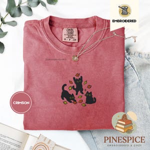 Black Cats and Fall Leaves Tee, Embroidered Autumn Cat Shirt, Comfort Colors 1717, Cute Fall T-Shirt, Cozy Cat Lover Gift, Autumn Aesthetic