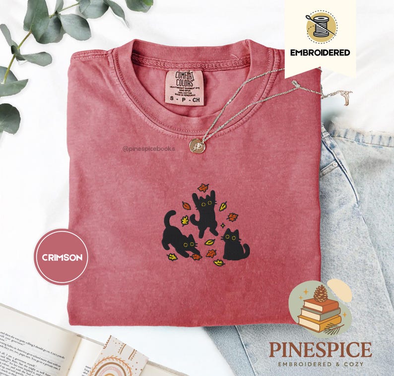 Black Cats and Fall Leaves Tee, Embroidered Autumn Cat Shirt, Comfort Colors 1717, Cute Fall T-Shirt, Cozy Cat Lover Gift, Autumn Aesthetic