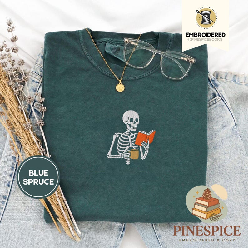 Skeleton reading book tee, embroidered skeleton coffee shirt, spooky book lover t-shirt, comfort colors 1717, fall vibes shirt, boo basket