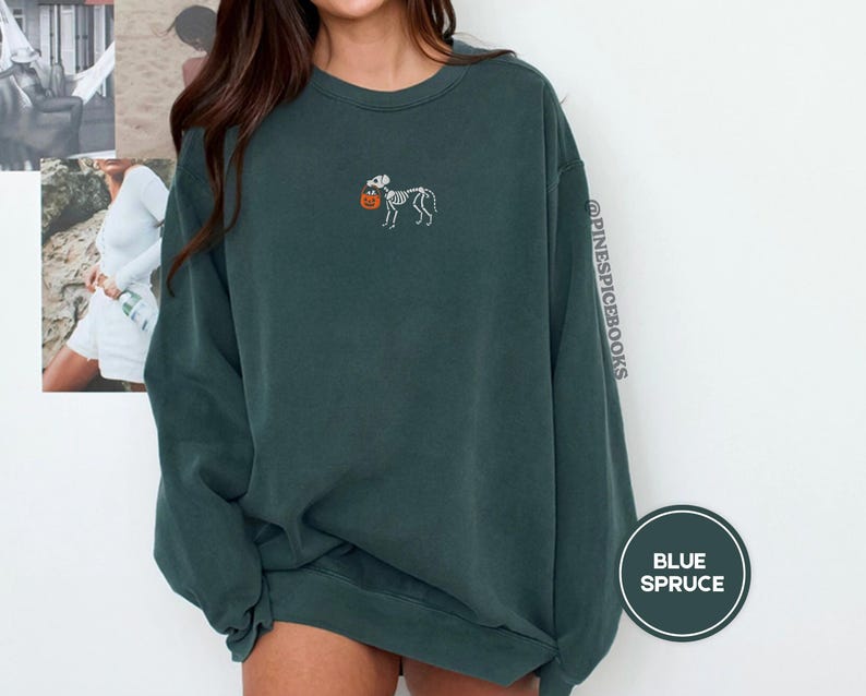 Skeleton Dog Trick or Treat Sweatshirt, Embroidered Halloween Dog Shirt, Comfort Colors 1566, Cozy Fall Pullover, Spooky Pet Lover Gift, Boo