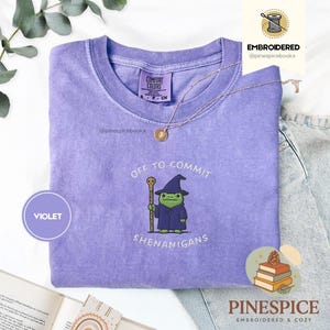 Off to Commit Shenanigans Wizard Frog Funny DnD Tee, Embroidered Comfort Colors 1717, Ren Faire Fantasy Gift