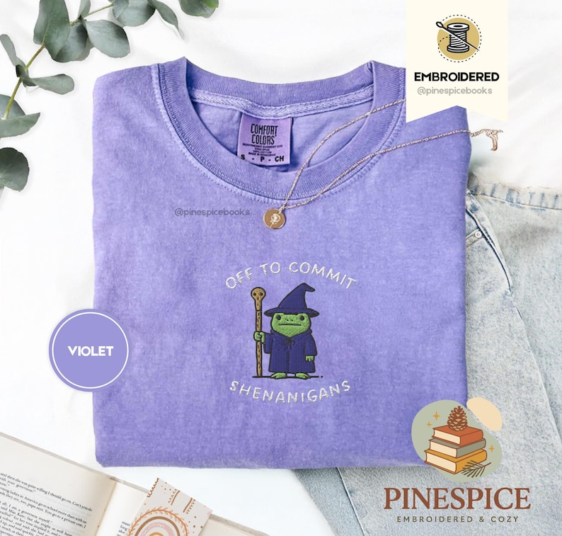 Off to Commit Shenanigans Wizard Frog Funny DnD Tee, Embroidered Comfort Colors 1717, Ren Faire Fantasy Gift