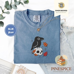 Crow and Skull Tee, Embroidered Raven T-Shirt, Halloween Comfort Colors 1717, Spooky Fall Shirt, Gothic Bird Tee, Boo Basket Gift