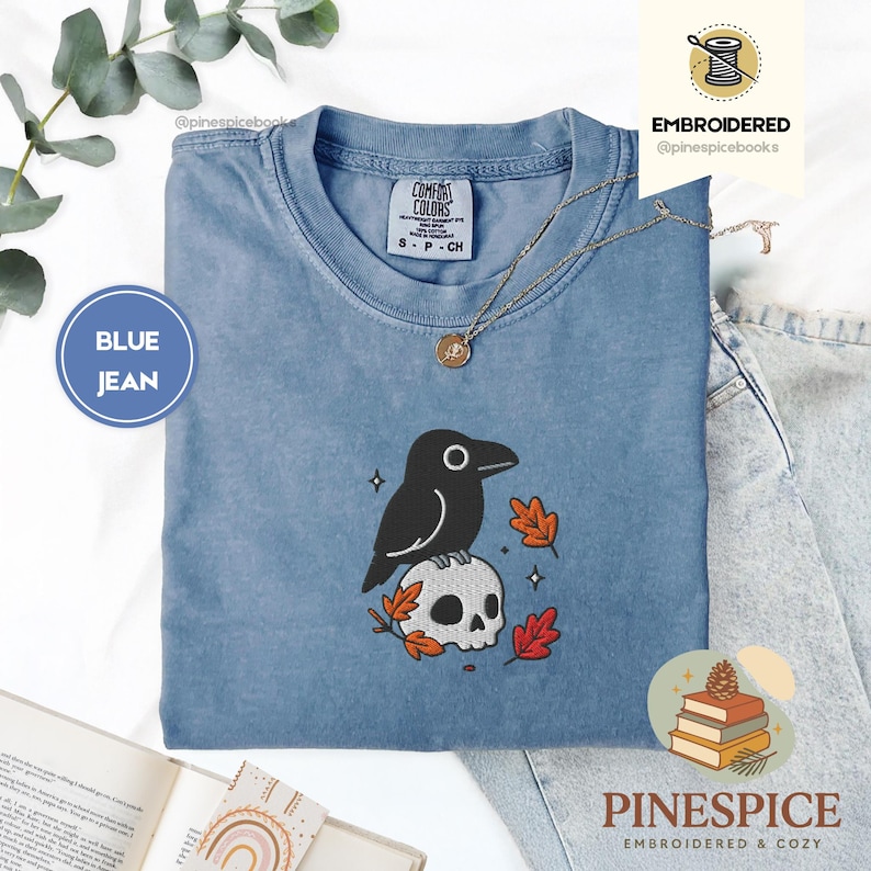 Crow and Skull Tee, Embroidered Raven T-Shirt, Halloween Comfort Colors 1717, Spooky Fall Shirt, Gothic Bird Tee, Boo Basket Gift