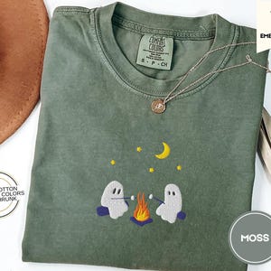 Cute Ghosts Camping Embroidered Comfort Colors Tee, Spooky Season Outdoors Gifts, Halloween Vintage Embroidery Tshirt