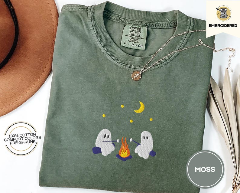 Cute Ghosts Camping Embroidered Comfort Colors Tee, Spooky Season Outdoors Gifts, Halloween Vintage Embroidery Tshirt