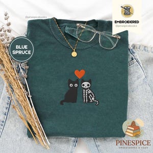 Skeleton Cats Shirt, Cute Halloween Cat Tee, Embroidered Comfort Colors 1717, Spooky Cute T-Shirt, Witchy Cat Gift, Fall Cat Shirt