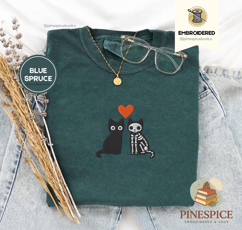 Skeleton Cats Shirt, Cute Halloween Cat Tee, Embroidered Comfort Colors 1717, Spooky Cute T-Shirt, Witchy Cat Gift, Fall Cat Shirt