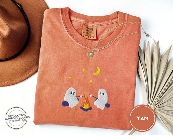 Cute Ghosts Camping Embroidered Comfort Colors Tee, Spooky Season Outdoors Gifts, Halloween Vintage Embroidery Tshirt