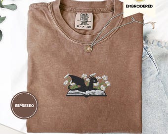 Embroidered Dragon and Daisies T-Shirt, Comfort Colors Floral Tee, Cute Fantasy Reader Shirt, Cozy Gift for Book Club Librarians