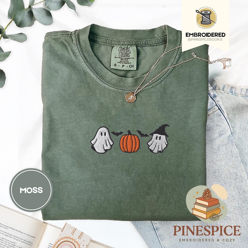 Pumpkins ghosts bats tee, cute halloween embroidered shirt, spooky season t-shirt, comfort colors 1717, cozy fall ghostcore tee, bat shirt