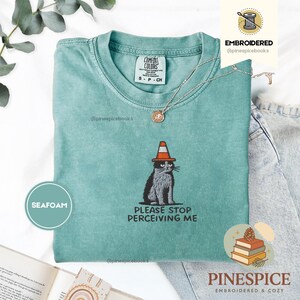 May include: Seafoam green t-shirt with a graphic of a cat wearing a traffic cone hat. The cat is black and gray, with the text "PLEASE STOP PERCEIVING ME" below. The shirt is from Comfort Colors and is size small.