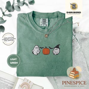 Pumpkins ghosts bats tee, cute halloween embroidered shirt, spooky season t-shirt, comfort colors 1717, cozy fall ghostcore tee, bat shirt