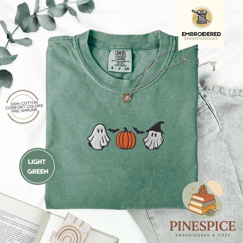 Pumpkins ghosts bats tee, cute halloween embroidered shirt, spooky season t-shirt, comfort colors 1717, cozy fall ghostcore tee, bat shirt