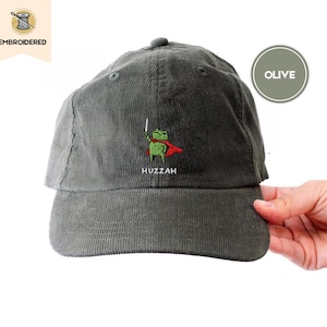huzzah frog dad hat, embroidered ren faire cap, fantasy sword frog hat, vintage corduroy cap, frog gift, ba703 embroidered hat