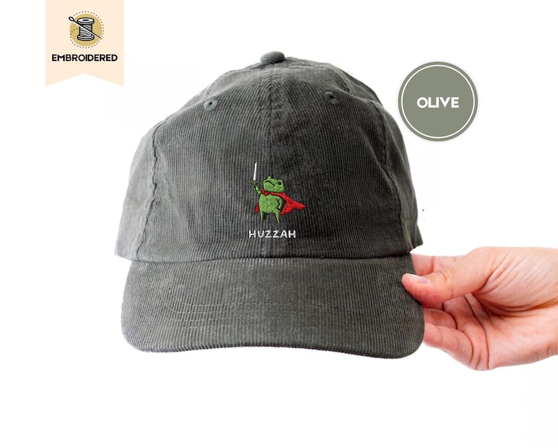 huzzah frog dad hat, embroidered ren faire cap, fantasy sword frog hat, vintage corduroy cap, frog gift, ba703 embroidered hat