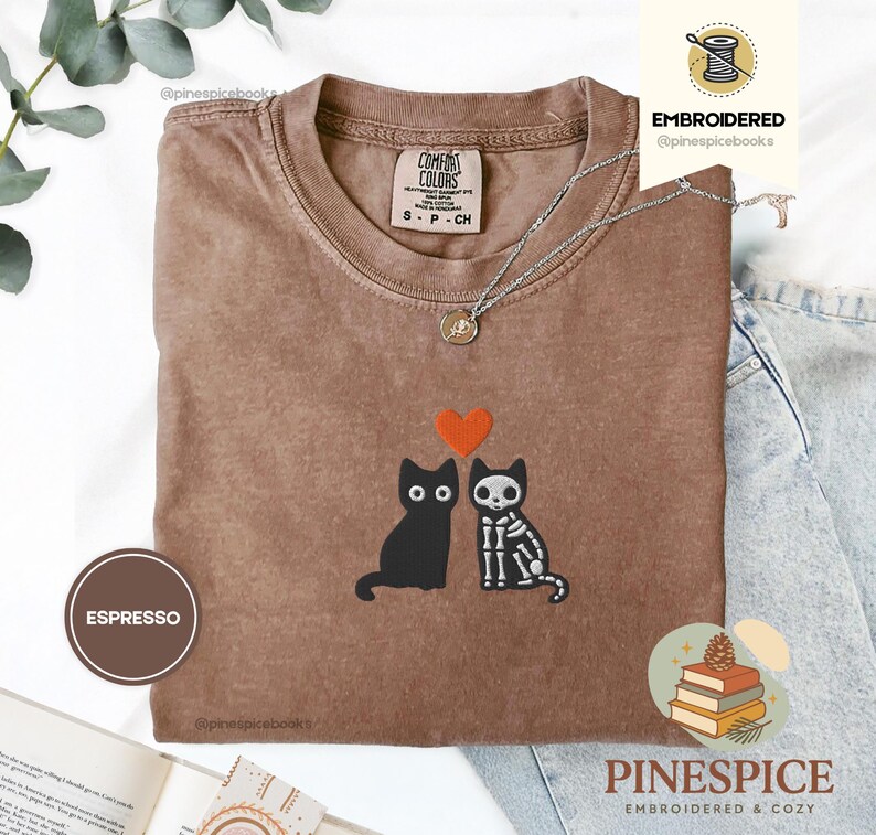 Skeleton Cats Shirt, Cute Halloween Cat Tee, Embroidered Comfort Colors 1717, Spooky Cute T-Shirt, Witchy Cat Gift, Fall Cat Shirt