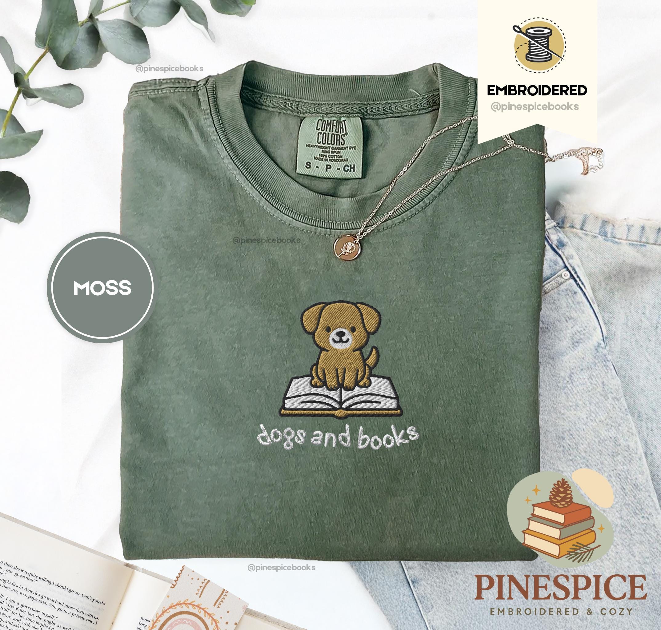 犬と本のTシャツ、刺繍入りコンフォートカラー1717、犬好きTシャツ