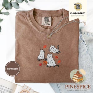 Ghost Cats Fall Shirt, Embroidered Halloween Tee, Cute Autumn Cat T-Shirt, Comfort Colors 1717, Spooky Fall Leaves Shirt, Cozy Cat Gift