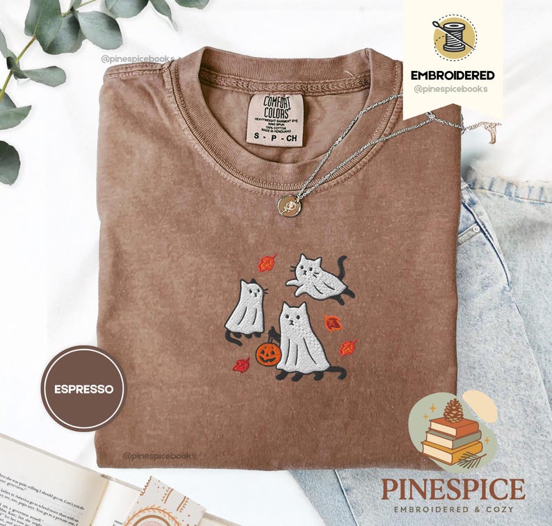 Ghost Cats Fall Shirt, Embroidered Halloween Tee, Cute Autumn Cat T-Shirt, Comfort Colors 1717, Spooky Fall Leaves Shirt, Cozy Cat Gift