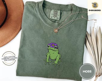 Frog With A Flower Hat – Cute Embroidered Comfort Colors® T-Shirt, Cottagecore Frog Tee, Cozy Naturecore Shirt for Frog Lovers